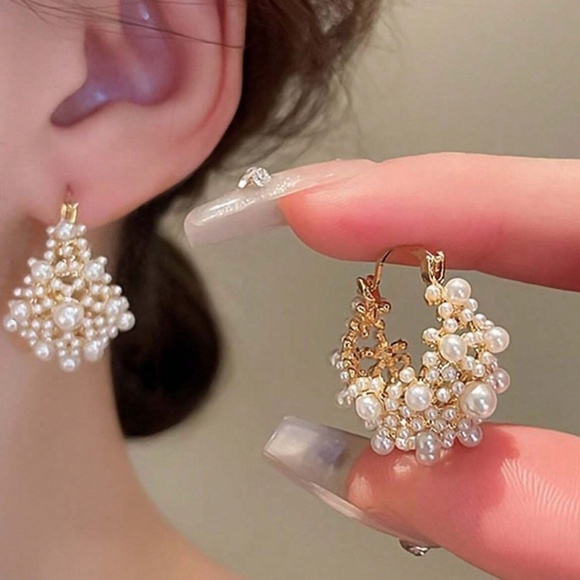 14k gold Plated Faux Pearl Statement Earrings - Picture 1 of 3